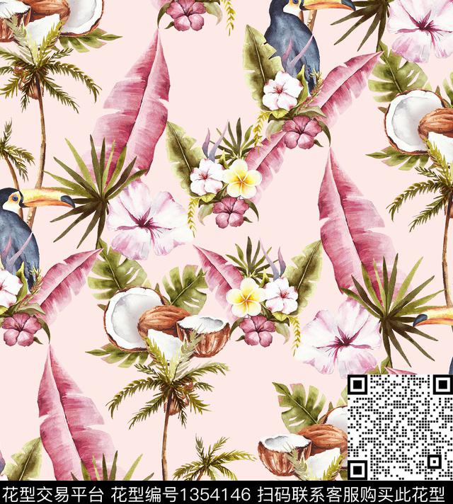 鹦鹉龟背竹棕榈树数码印花华亿平台下载（图片编号: 1354146） - 瓦栏（Walan）