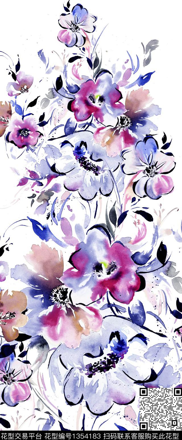 大牌风手绘大花水彩花卉数码印花华亿平台下载（图片编号: 1354183） - 瓦栏（Walan）