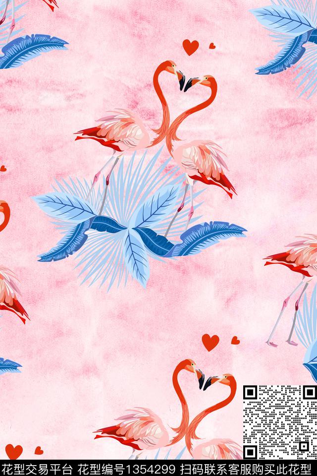 羽毛火烈鸟水彩花卉数码印花华亿平台下载（图片编号: 1354299） - 瓦栏（Walan）