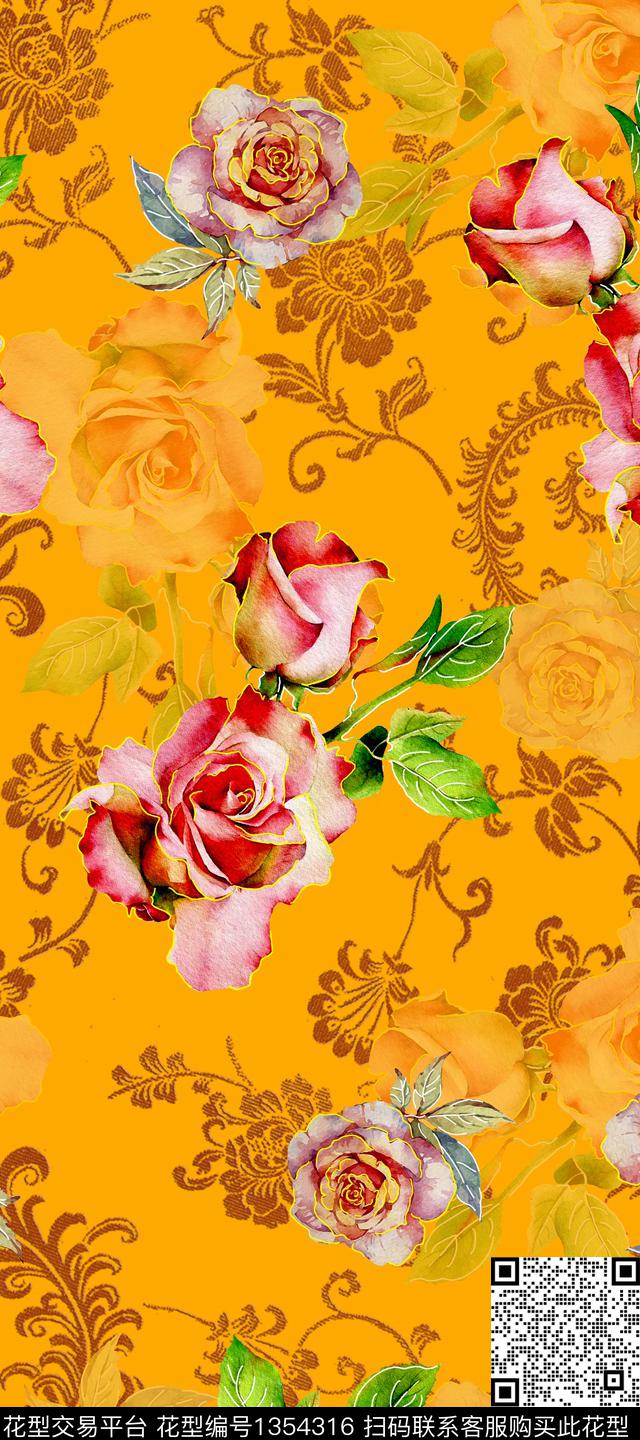 花卉香云纱旗袍数码印花华亿平台下载（图片编号: 1354316） - 瓦栏（Walan）