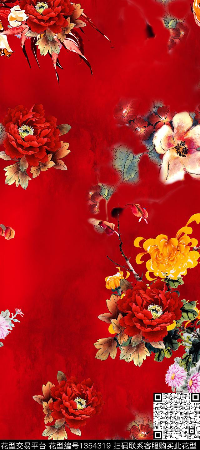 花卉香云纱旗袍数码印花华亿平台下载（图片编号: 1354319） - 瓦栏（Walan）