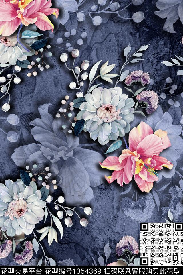 肌理花卉手绘数码印花华亿平台下载（图片编号: 1354369） - 瓦栏（Walan）
