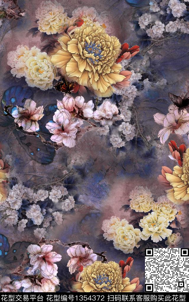 花卉中国风国画数码印花华亿平台下载（图片编号: 1354372） - 瓦栏（Walan）