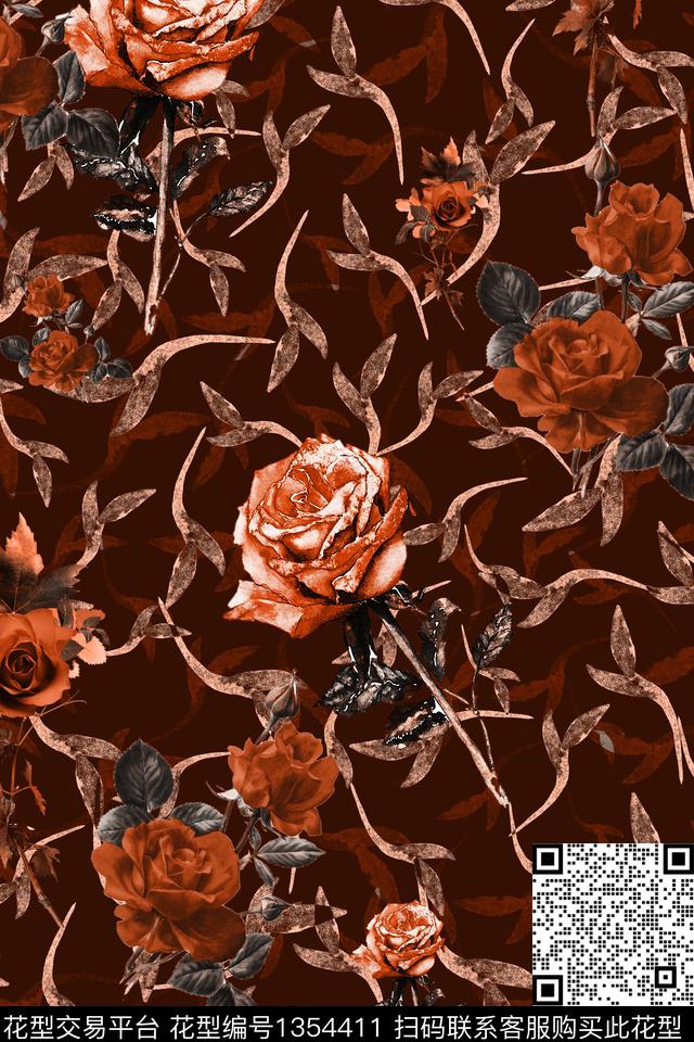 玫瑰花花卉年轻女性数码印花华亿平台下载（图片编号: 1354411） - 瓦栏（Walan）