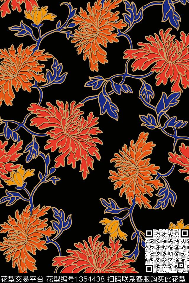 菊花纹理复古数码印花华亿平台下载（图片编号: 1354438） - 瓦栏（Walan）