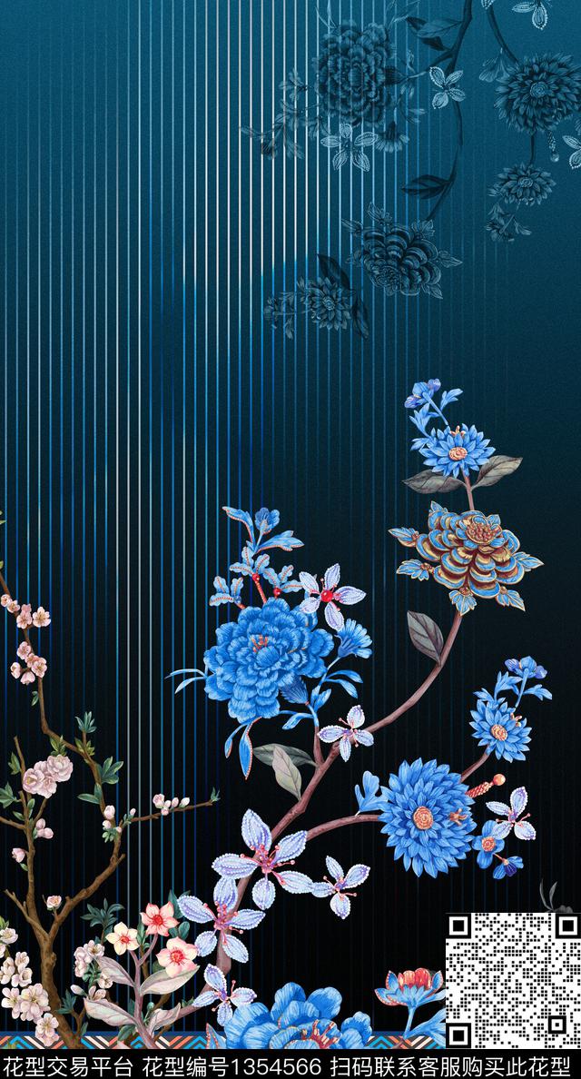 中国风定位花真丝复古旗袍华亿平台数码印花华亿平台下载（图片编号: 1354566） - 瓦栏（Walan）