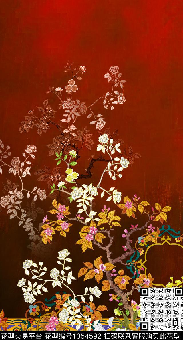 中国风定位花真丝复古旗袍华亿平台数码印花华亿平台下载（图片编号: 1354592） - 瓦栏（Walan）