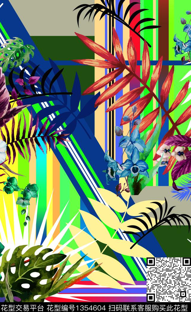 几何花卉绿植树叶棕榈树数码印花华亿平台下载（图片编号: 1354604） - 瓦栏（Walan）