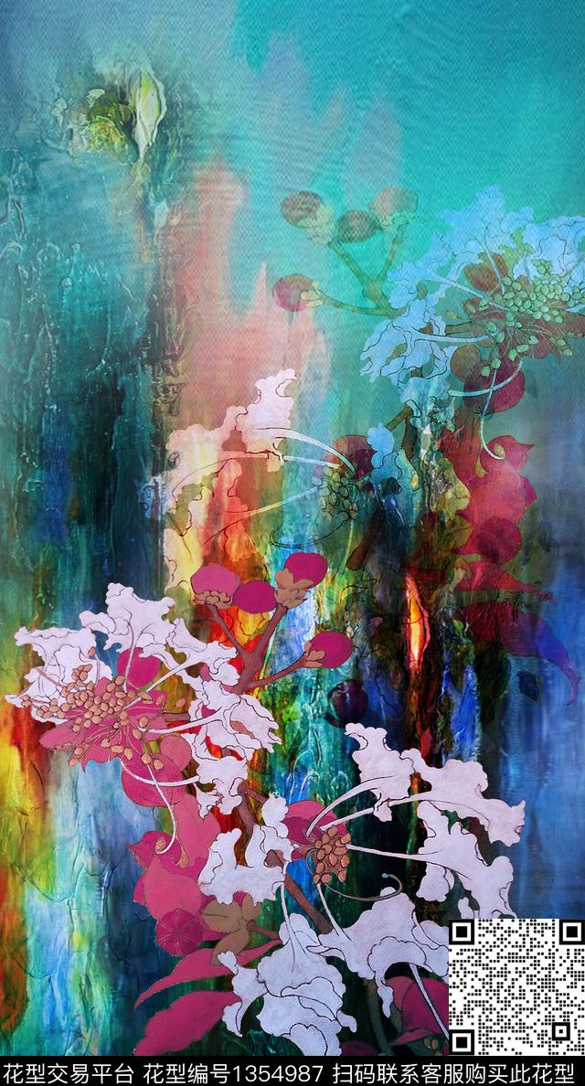 中国风定位花真丝朦胧底纹数码印花华亿平台下载（图片编号: 1354987） - 瓦栏（Walan）