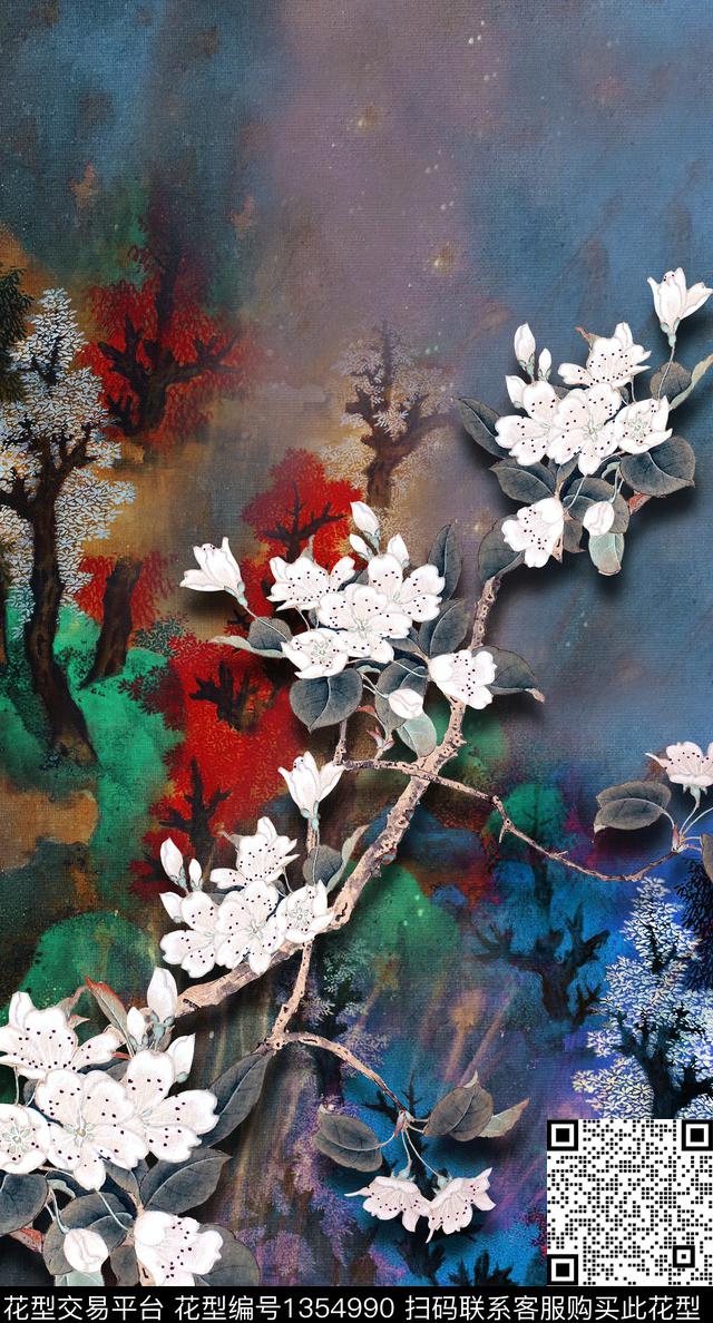 中国风定位花真丝香云纱旗袍花数码印花华亿平台下载（图片编号: 1354990） - 瓦栏（Walan）