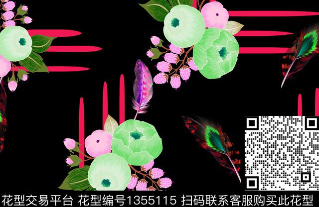 线条花卉大牌风数码印花华亿平台下载（图片编号: 1355115） - 瓦栏（Walan）