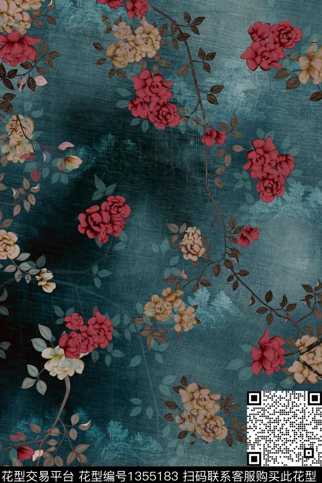 花卉香云纱大牌风数码印花华亿平台下载（图片编号: 1355183） - 瓦栏（Walan）