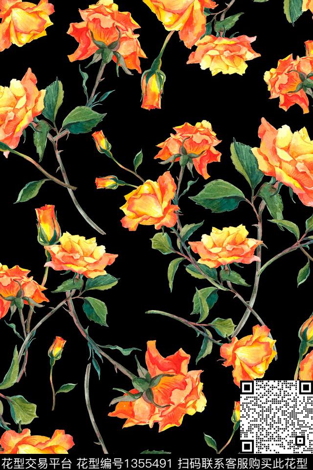 黑底花卉花卉大牌风数码印花华亿平台下载（图片编号: 1355491） - 瓦栏（Walan）