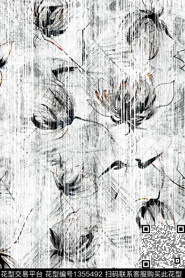 抽象花卉大牌风休闲数码印花华亿平台下载（图片编号: 1355492） - 瓦栏（Walan）