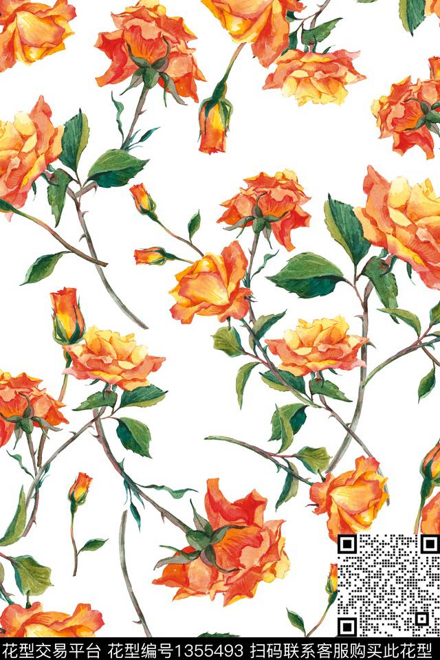 黑底花卉花卉大牌风数码印花华亿平台下载（图片编号: 1355493） - 瓦栏（Walan）