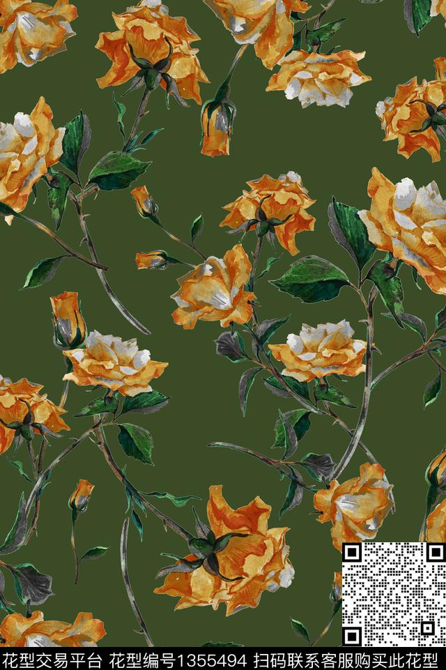 黑底花卉花卉大牌风数码印花华亿平台下载（图片编号: 1355494） - 瓦栏（Walan）