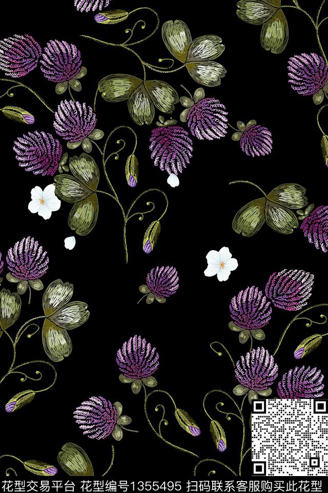 黑底花卉花卉大牌风数码印花华亿平台下载（图片编号: 1355495） - 瓦栏（Walan）