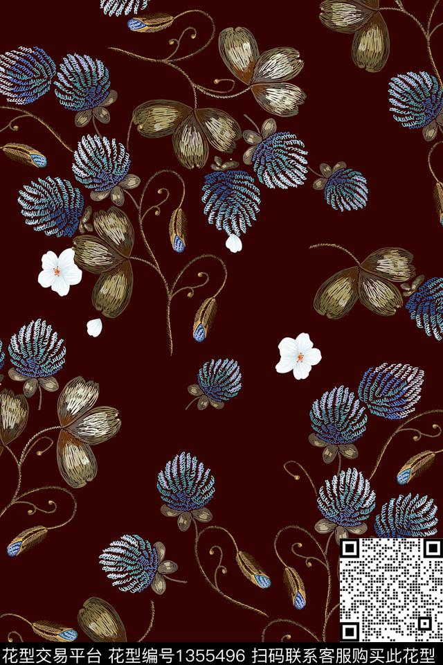 黑底花卉花卉大牌风数码印花华亿平台下载（图片编号: 1355496） - 瓦栏（Walan）