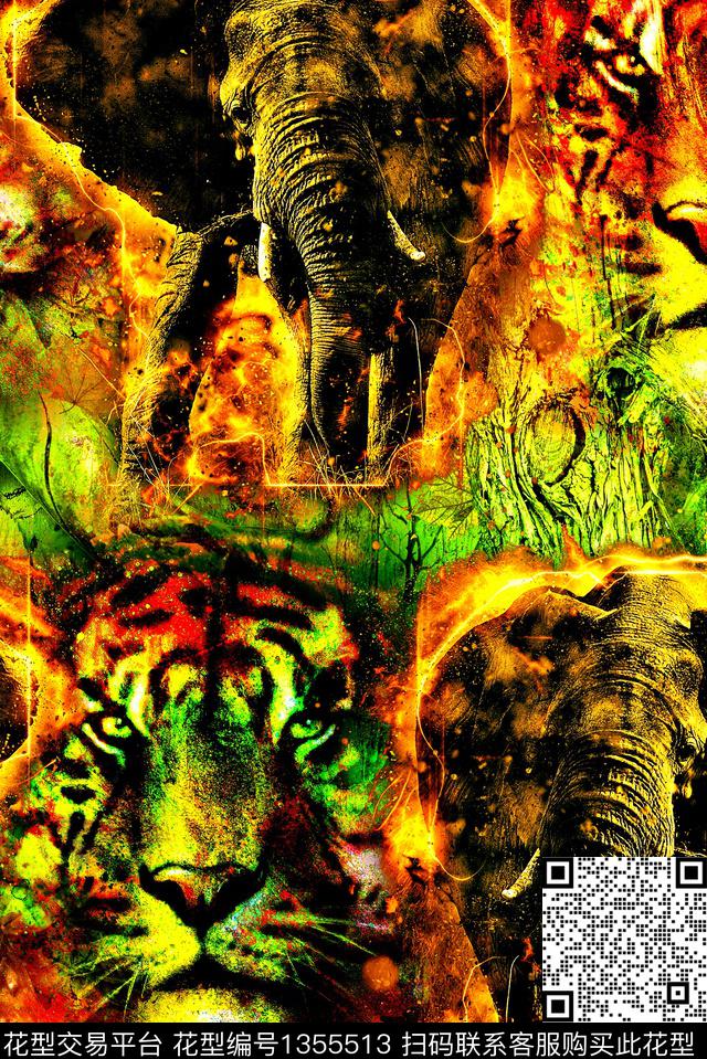 大象树林老虎数码印花华亿平台下载（图片编号: 1355513） - 瓦栏（Walan）