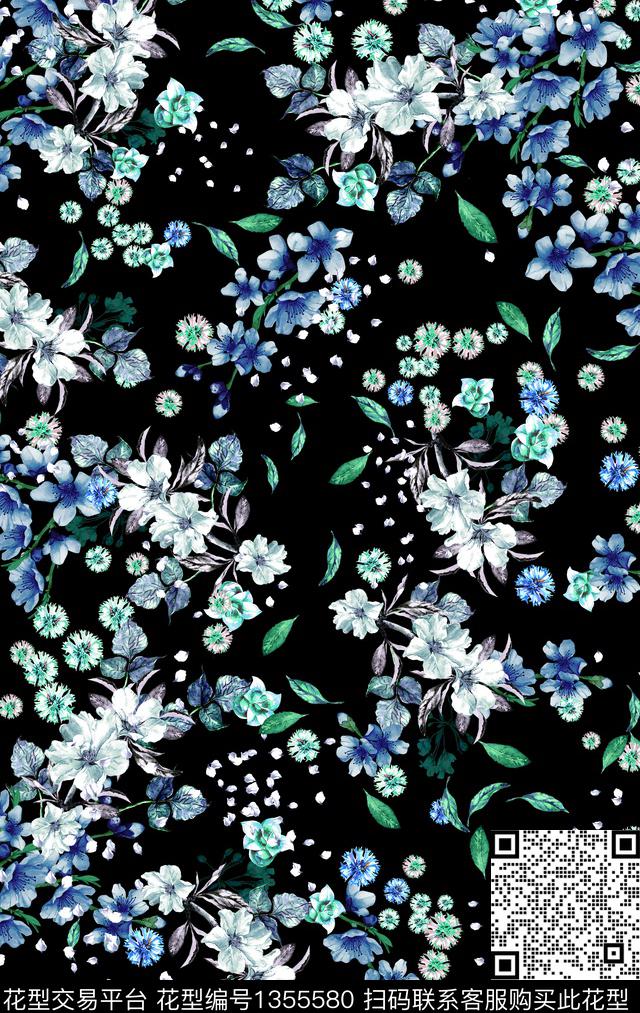 绿植树叶黑底花卉花卉数码印花华亿平台下载（图片编号: 1355580） - 瓦栏（Walan）