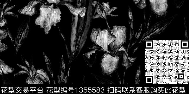 黑底花卉抽象花卉花卉数码印花华亿平台下载（图片编号: 1355583） - 瓦栏（Walan）