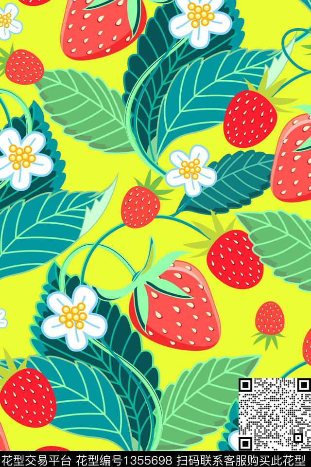 清爽底花卉手绘草莓传统印花华亿平台下载（图片编号: 1355698） - 瓦栏（Walan）