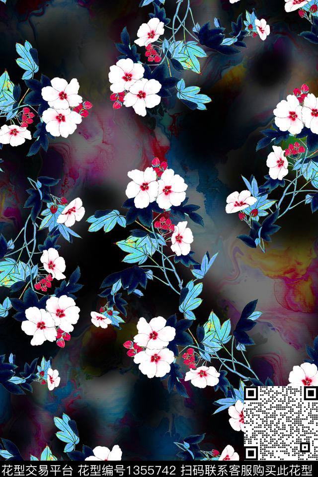 花卉香云纱旗袍数码印花华亿平台下载（图片编号: 1355742） - 瓦栏（Walan）