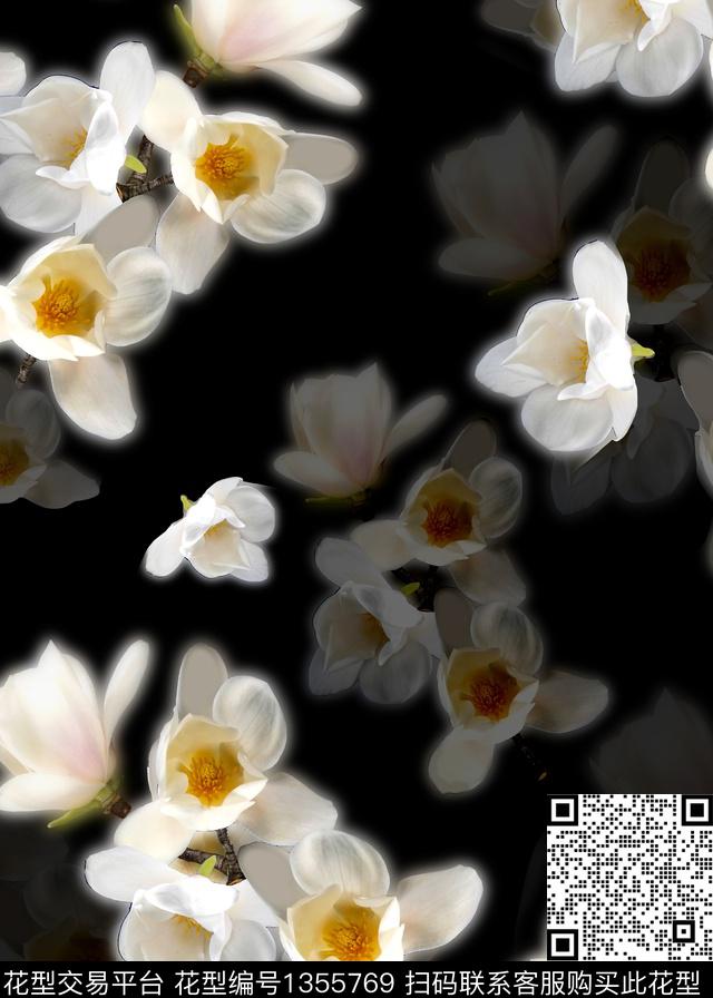 趋势华亿平台玉兰花黑底花卉数码印花华亿平台下载（图片编号: 1355769） - 瓦栏（Walan）