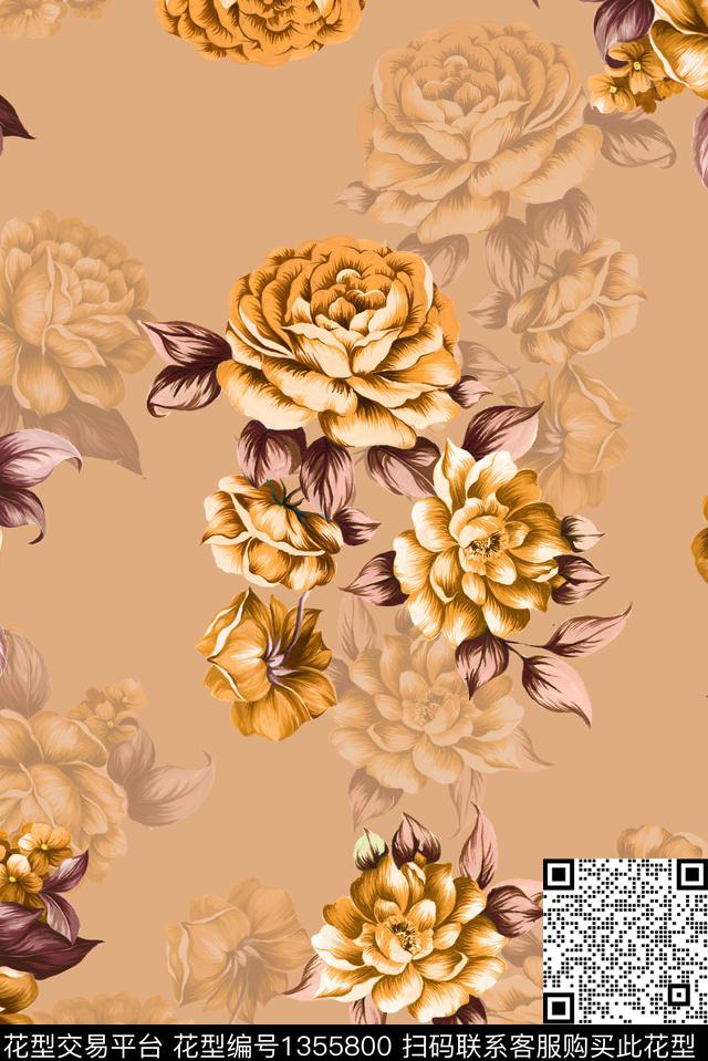 花卉大牌风休闲数码印花华亿平台下载（图片编号: 1355800） - 瓦栏（Walan）