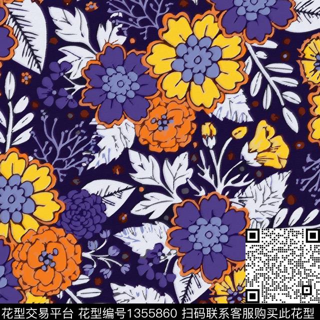 鲜花文艺方巾数码印花华亿平台下载（图片编号: 1355860） - 瓦栏（Walan）