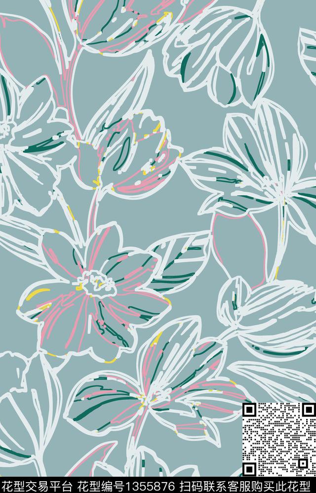 几何花卉抽象花卉花卉传统印花华亿平台下载（图片编号: 1355876） - 瓦栏（Walan）