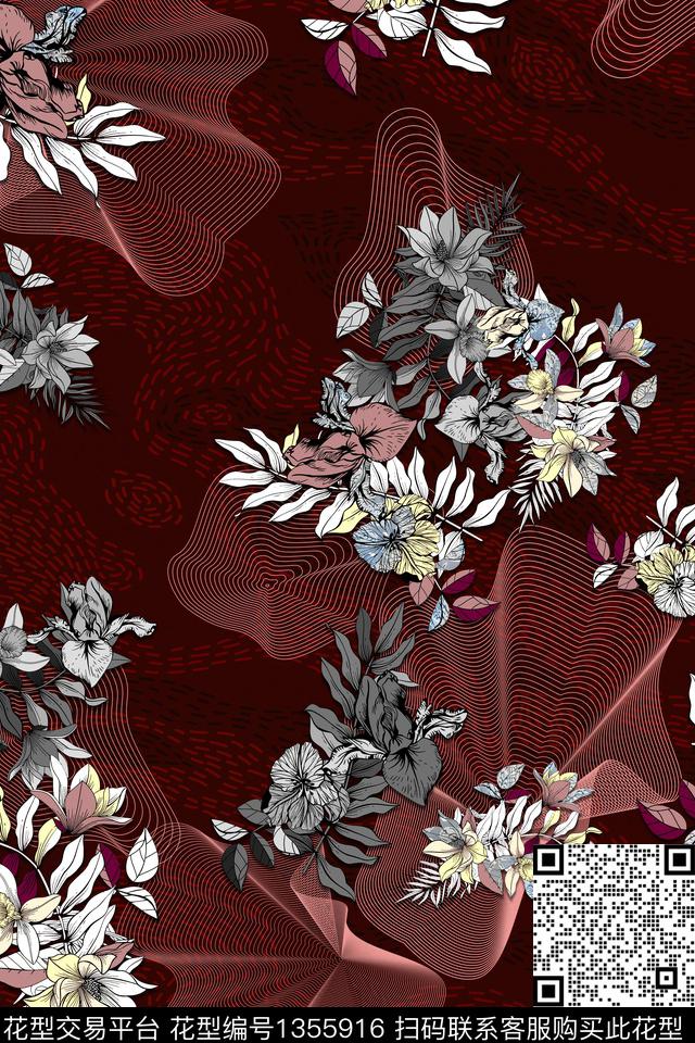 几何线条花卉数码印花华亿平台下载（图片编号: 1355916） - 瓦栏（Walan）