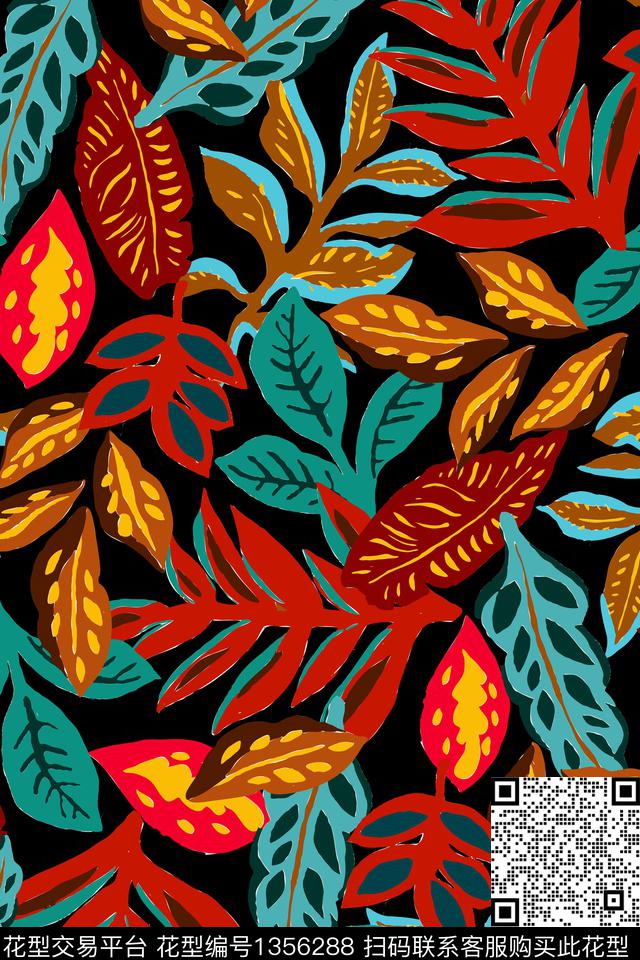 绿植树叶复古大牌风数码印花华亿平台下载（图片编号: 1356288） - 瓦栏（Walan）