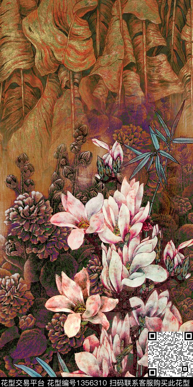 趋势华亿平台中国风定位花深色底花卉数码印花华亿平台下载（图片编号: 1356310） - 瓦栏（Walan）
