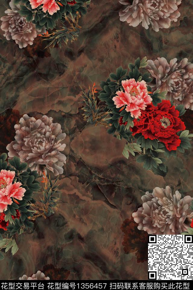 花卉香云纱旗袍数码印花华亿平台下载（图片编号: 1356457） - 瓦栏（Walan）