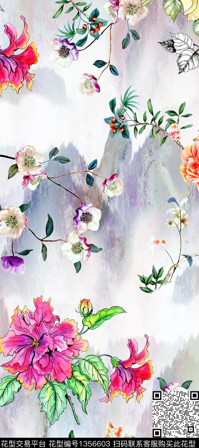 花卉香云纱旗袍数码印花华亿平台下载（图片编号: 1356603） - 瓦栏（Walan）