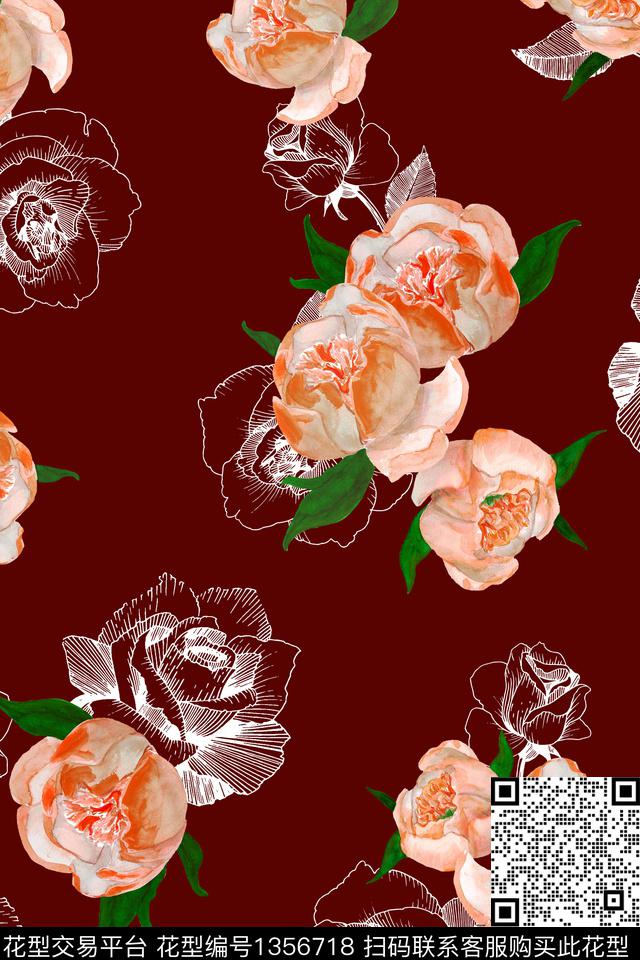 黑底花卉花卉大牌风数码印花华亿平台下载（图片编号: 1356718） - 瓦栏（Walan）