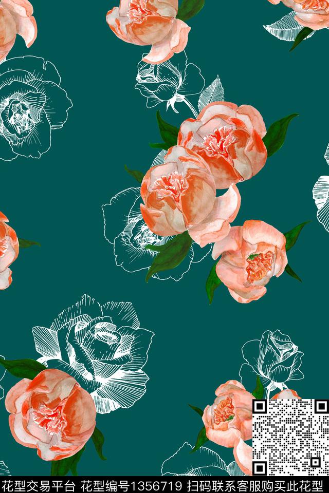 黑底花卉花卉大牌风数码印花华亿平台下载（图片编号: 1356719） - 瓦栏（Walan）