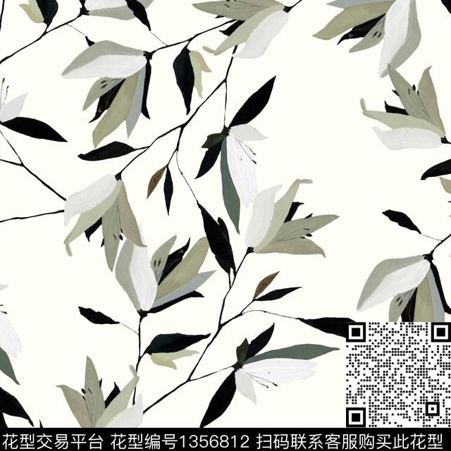 清爽底花卉手绘花卉几何数码印花华亿平台下载（图片编号: 1356812） - 瓦栏（Walan）