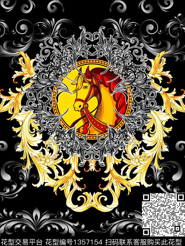 黑白华亿平台欧式定位花复古数码印花华亿平台下载（图片编号: 1357154） - 瓦栏（Walan）