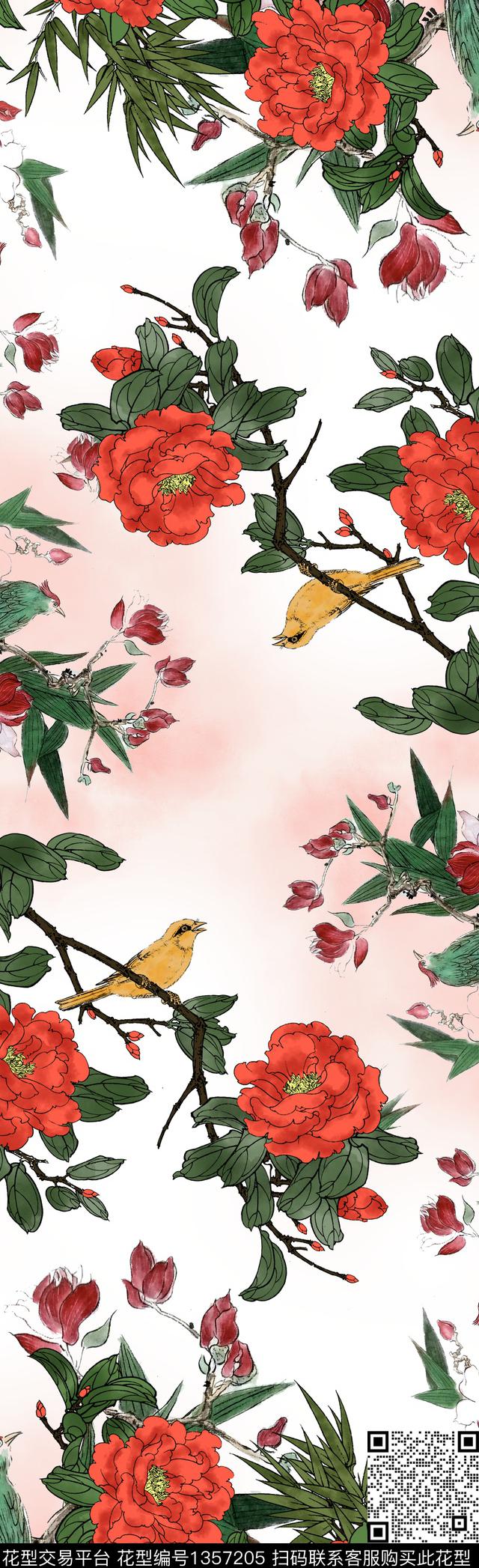 丝巾定位花花鸟茶花数码印花华亿平台下载（图片编号: 1357205） - 瓦栏（Walan）