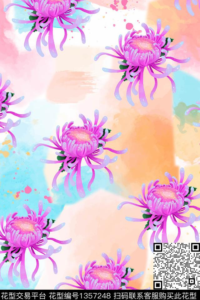 水彩菊花抽象数码印花华亿平台下载（图片编号: 1357248） - 瓦栏（Walan）