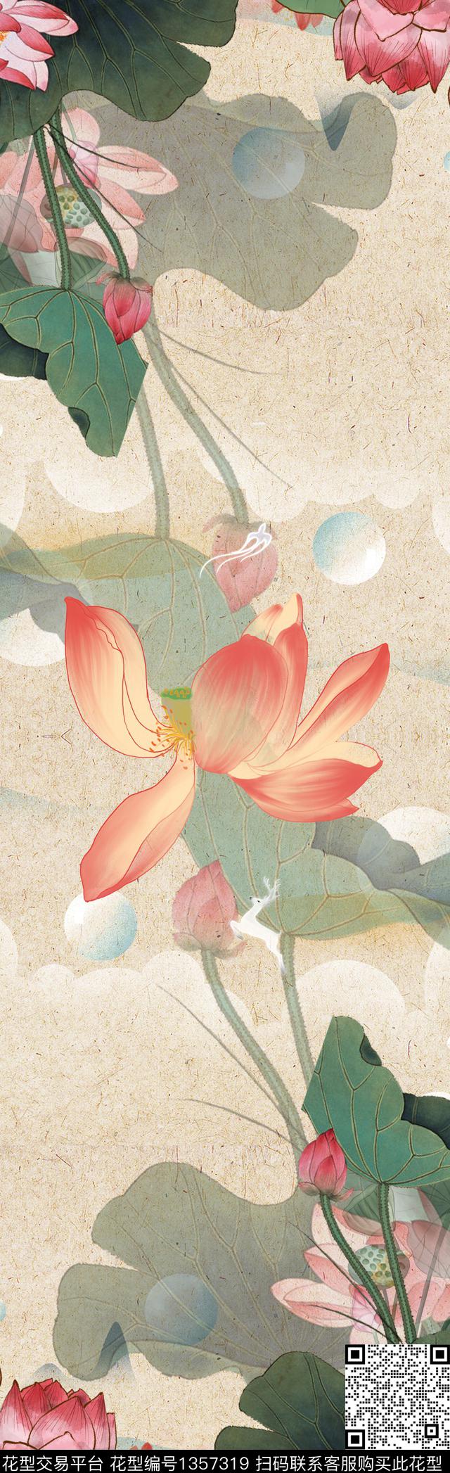 荷花花卉中国风数码印花华亿平台下载（图片编号: 1357319） - 瓦栏（Walan）