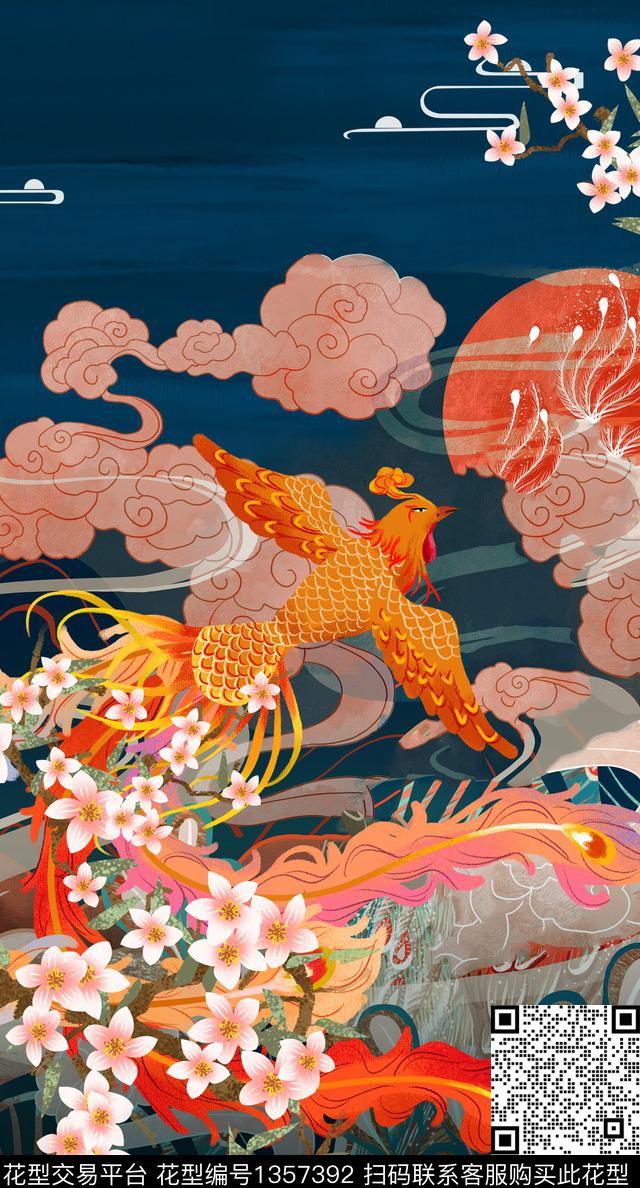 凤凰中国风定位花真丝数码印花华亿平台下载（图片编号: 1357392） - 瓦栏（Walan）