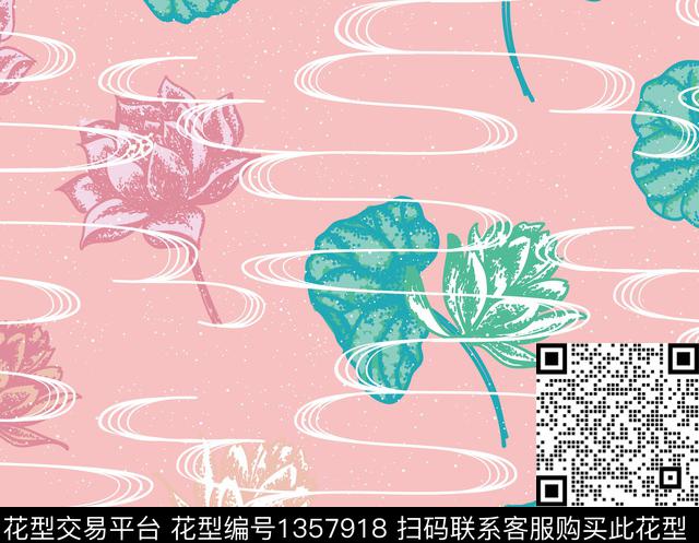 荷花手绘手绘花卉数码印花华亿平台下载（图片编号: 1357918） - 瓦栏（Walan）