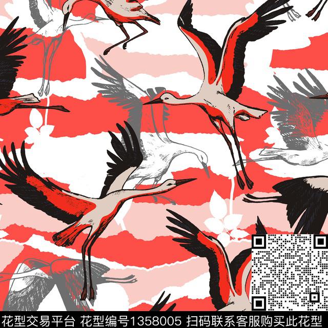 几何仙鹤动物传统印花华亿平台下载（图片编号: 1358005） - 瓦栏（Walan）