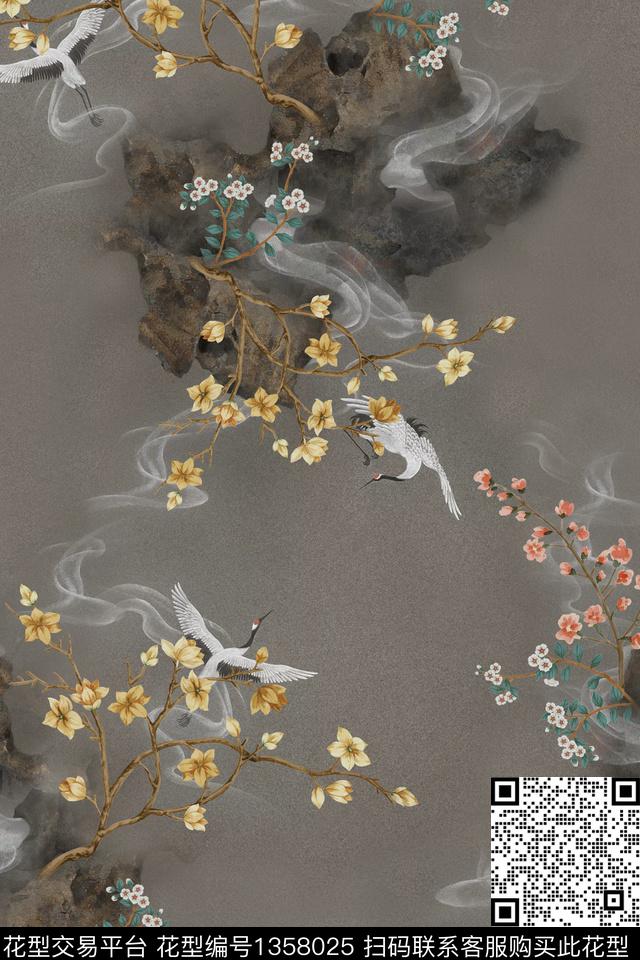 梅花仙鹤中国风华亿平台数码印花华亿平台下载（图片编号: 1358025） - 瓦栏（Walan）