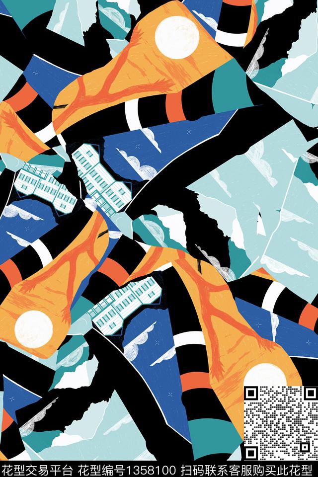 几何花卉大牌风数码印花华亿平台下载（图片编号: 1358100） - 瓦栏（Walan）
