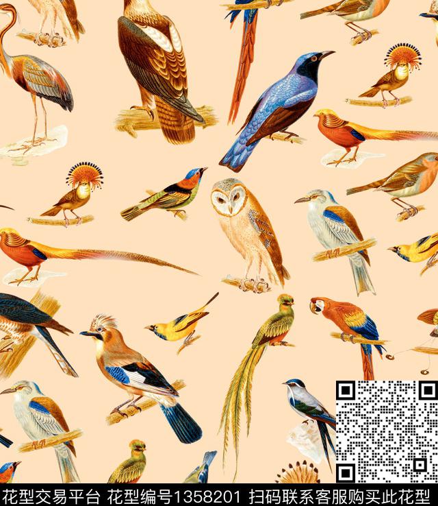 鸟小碎花手绘几何数码印花华亿平台下载（图片编号: 1358201） - 瓦栏（Walan）