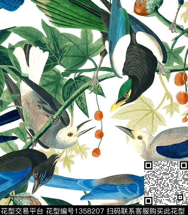 鹦鹉复古植物大鸟数码印花华亿平台下载（图片编号: 1358207） - 瓦栏（Walan）